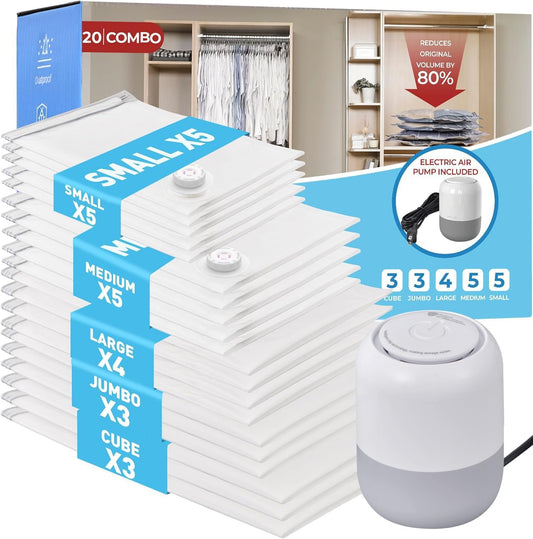 20 Pack Vacuum Storage Bags with Electric Air Pump, Vacuum Sealed Storage Bags (3Cube/3Jumbo/4Large/5Medium/5Small), Space Saver Bag for Clothes, Blanket, Duvets, Pillows, Mattress,Comforters, Travel