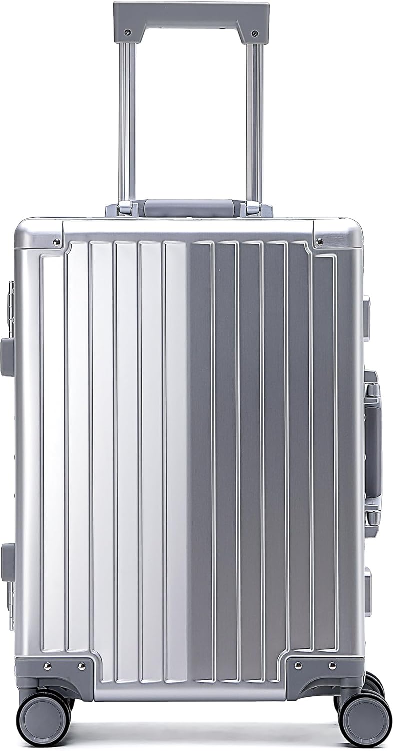 YYW Aluminum Carry-On Luggage Airline Approved Lightweight Suitcase with TSA Lock and Silent Wheels Hardshell Spinner Business Travel (Silver, 20in)