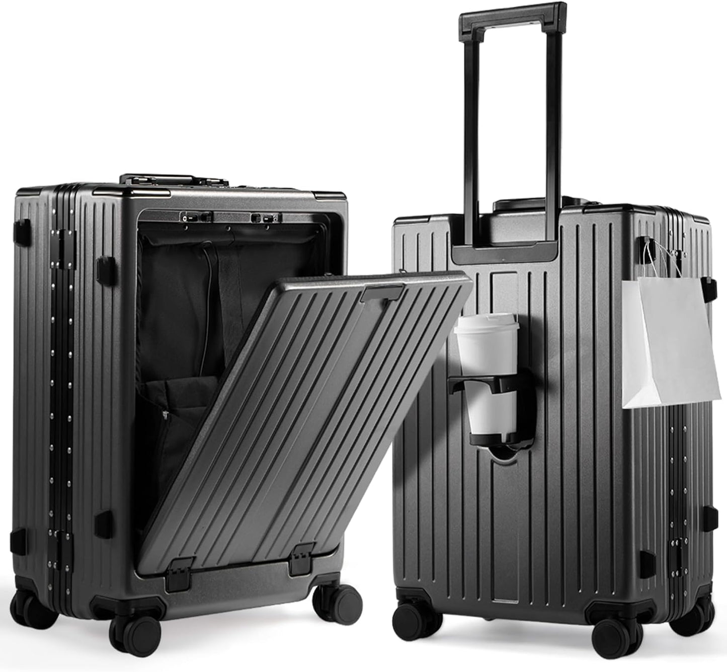 UrbanExplorer 24 Inch Check-In Aluminum Frame Luggage, ABS+PC Hard Shell Suitcases with Spinner Wheels TSA Approved Checked Luggage, Zipperless Suitcases with Cup Holder, Gray