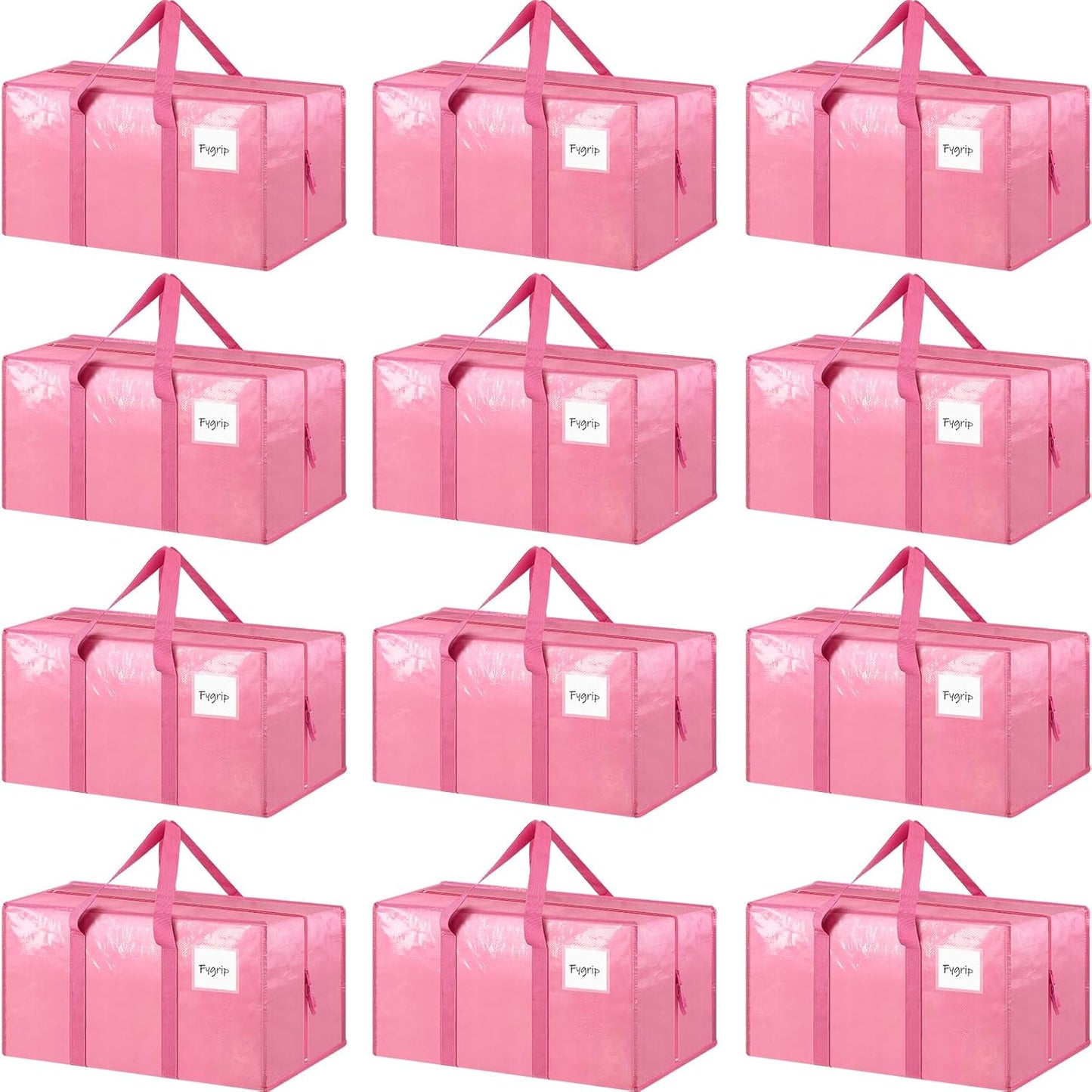 12 Pack Extra Heavy Duty Large Moving Bags with Strong Zipper & Comfortable Handles, Sturdy & Durable Clothes Storage Bags Totes Bins, Packing Moving Boxes for College Supplies, Pink