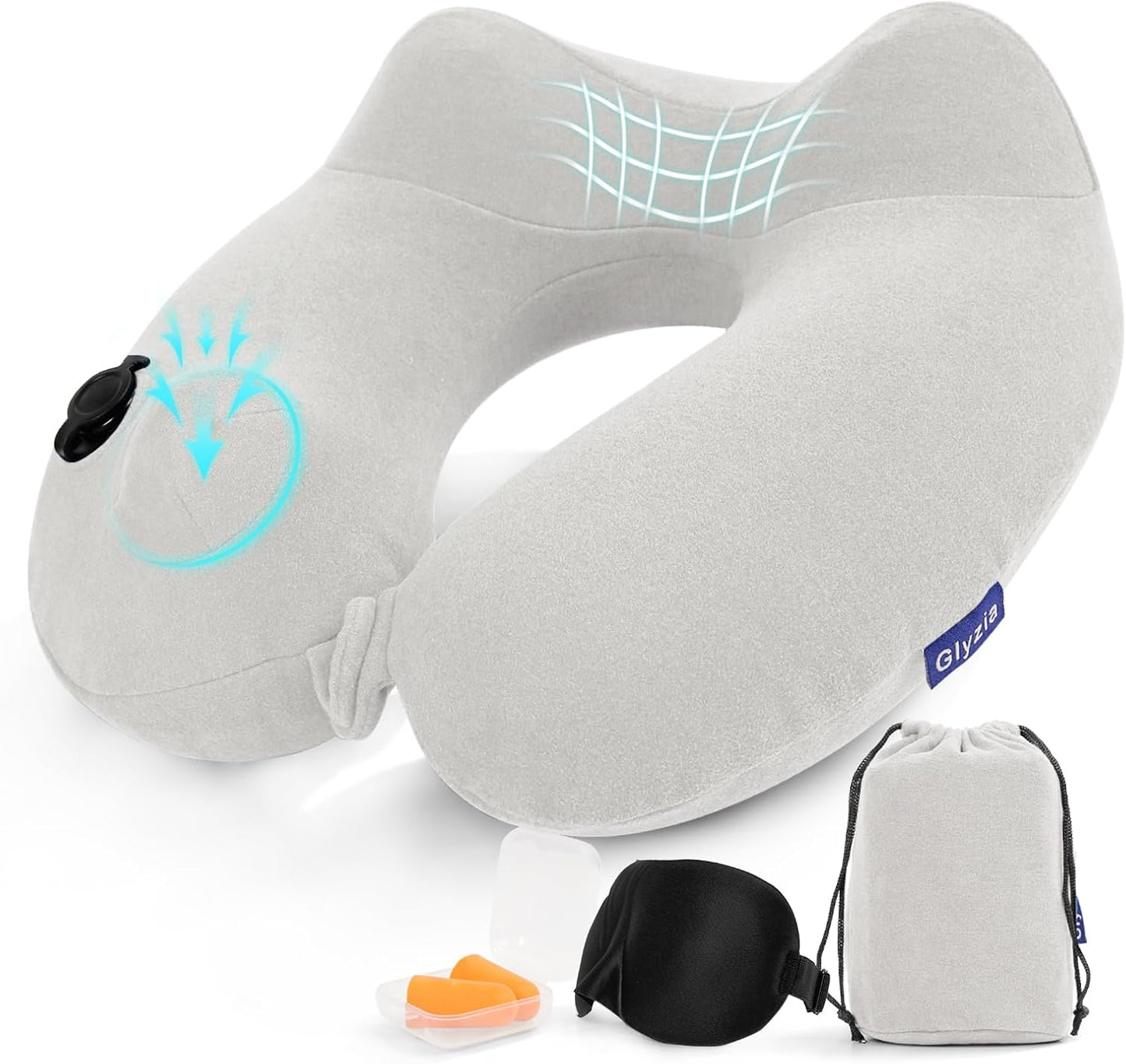 Inflatable Travel Neck Pillow for Airplane, Head Support Velvet Adult Neck Pillow for Long Flight, Kit with Eye Mask, Earplugs and Storage Bag,1, Light Gray