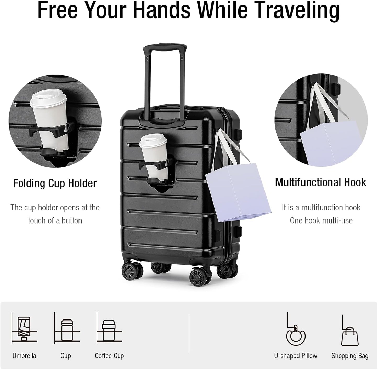 KYME Hardside Carry On Luggage 22x14x9 Airline Approved with TSA Lock Hardshell Carry On Suitcase with Spinner Wheels Travel Rolling 22 Inch Luggage with Cup Holder for Men Women Black