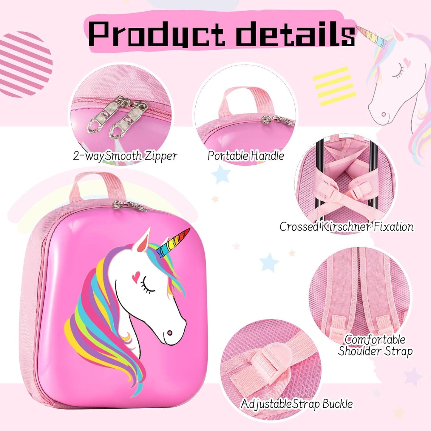 Sanwuta 4 Pcs Kids Luggage Set Kids Backpack Travel Rolling Suitcase with Wheels U-shape Pillow Childrens Gift for Girls Boys(17 Inch,Unicorn Style,Pink)