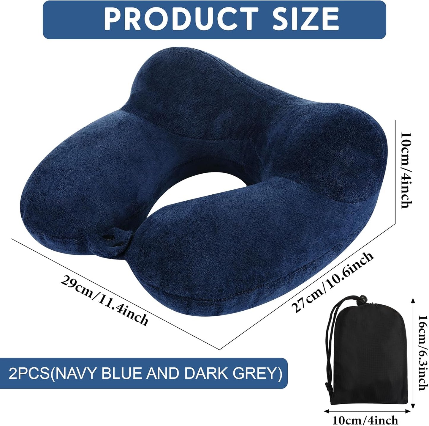 Sintuff 2 Pack Inflatable Travel Pillow for Airplanes Inflatable Neck Flight Pillows with Compact Bag and Blindfold for Traveling, Airplane, Train, Car, Office (Blue and Dark Gray)