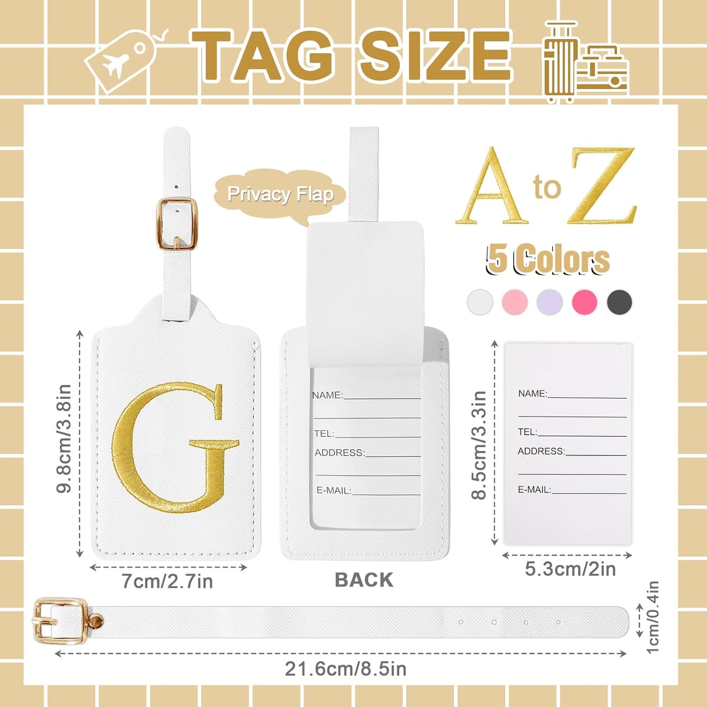 Personalized Initial Luggage Tags for Suitcase TSA Approved, White Leather Cute Luggage Tag with Privacy Cover Name Card, Embroidered Custom Luggage Tags Travel Baggage Tags Gifts for Women Kids(G)