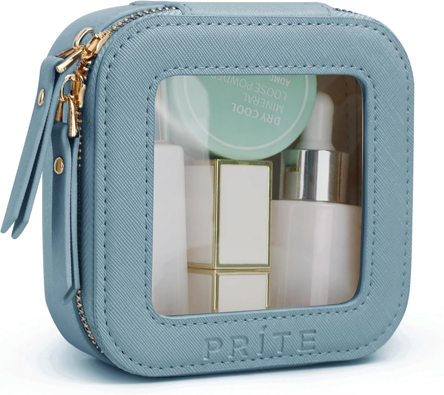 Prite Small Makeup Bag for Women Portable Clear Makeup Bag Cute Mini Waterproof Travel Cosmetic Bag with Gold Zipper for Car Essentials(Blue)