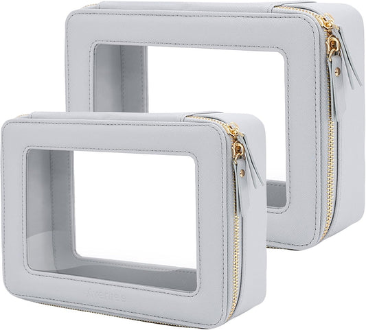 Aveniee Clear Makeup Bag Organizer Set,Portable Travel Toiletry Cosmetic Bag Case for Women,Vegan Leather Make Up Pouch Car Bag for Essentials,Middle+Large,Blue