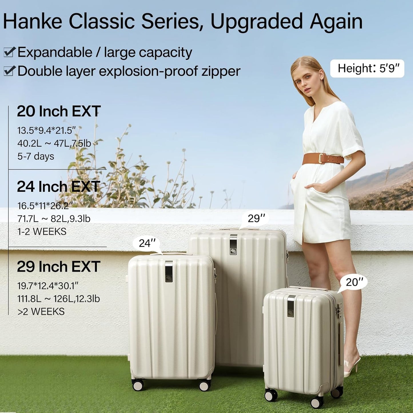 Hanke Expandable Hardshell Luggage Sets 3 piece Carry on Luggage with Wheels Suitcases Lightweight Checked Travel Luggage Rolling Large Suitcase Travel Luggage Bag Woman Men 20/24/29 Inch(Ivory White)