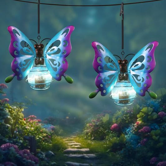 2 Pack Butterfly Solar Outdoor Hanging Lantern Creative Small Sculpture Lights Durable Waterproof Lamp Suitable for Festivals Garden Decor Birthday Gifts for Grandma Mom Women Girl