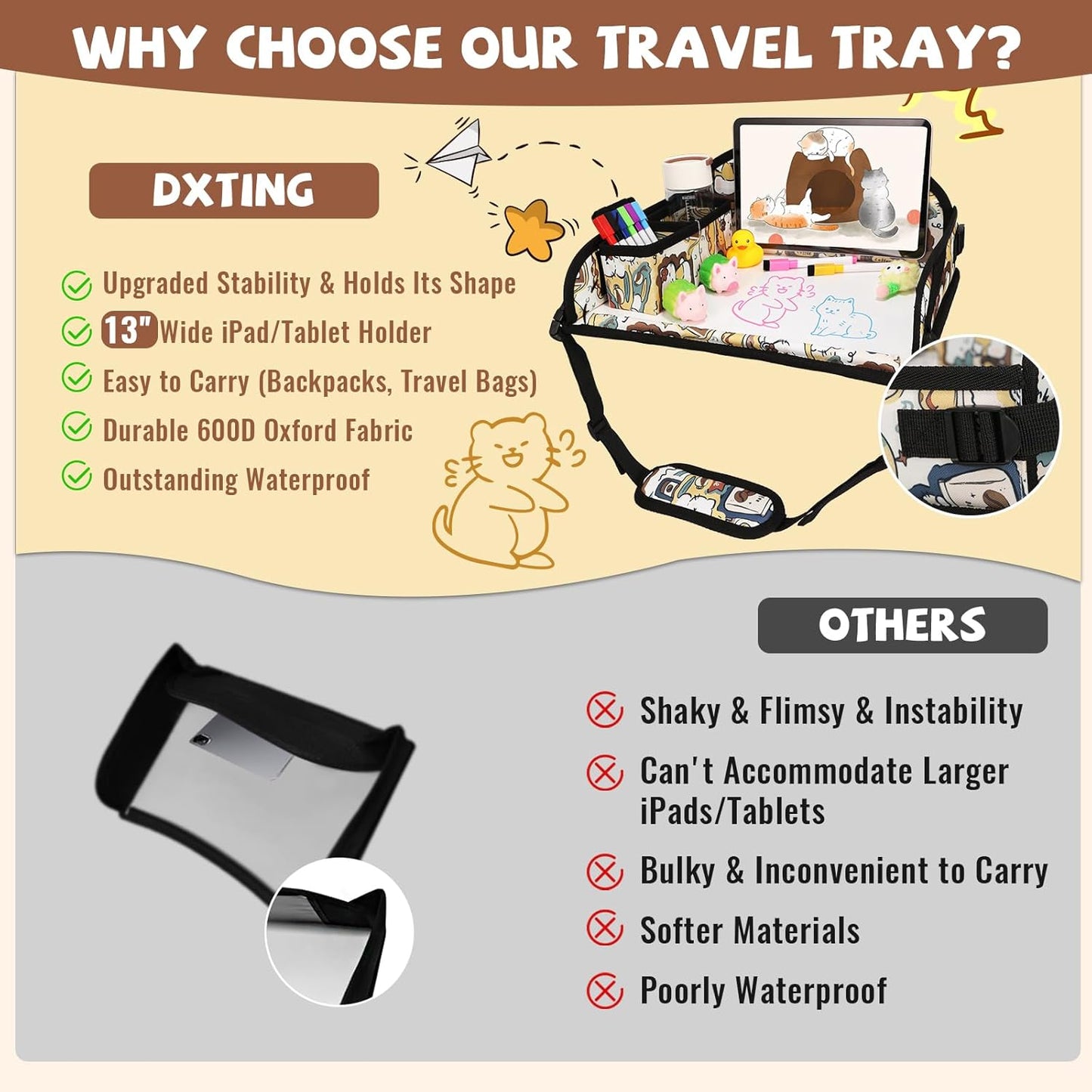 Kids Travel Tray for Airplane - Toddler Car Seat Table Tray, Road Trip Essentials for Boys & Girls, Carseat Lap Desk for Kids Road Trip Activities, Cute Kitten