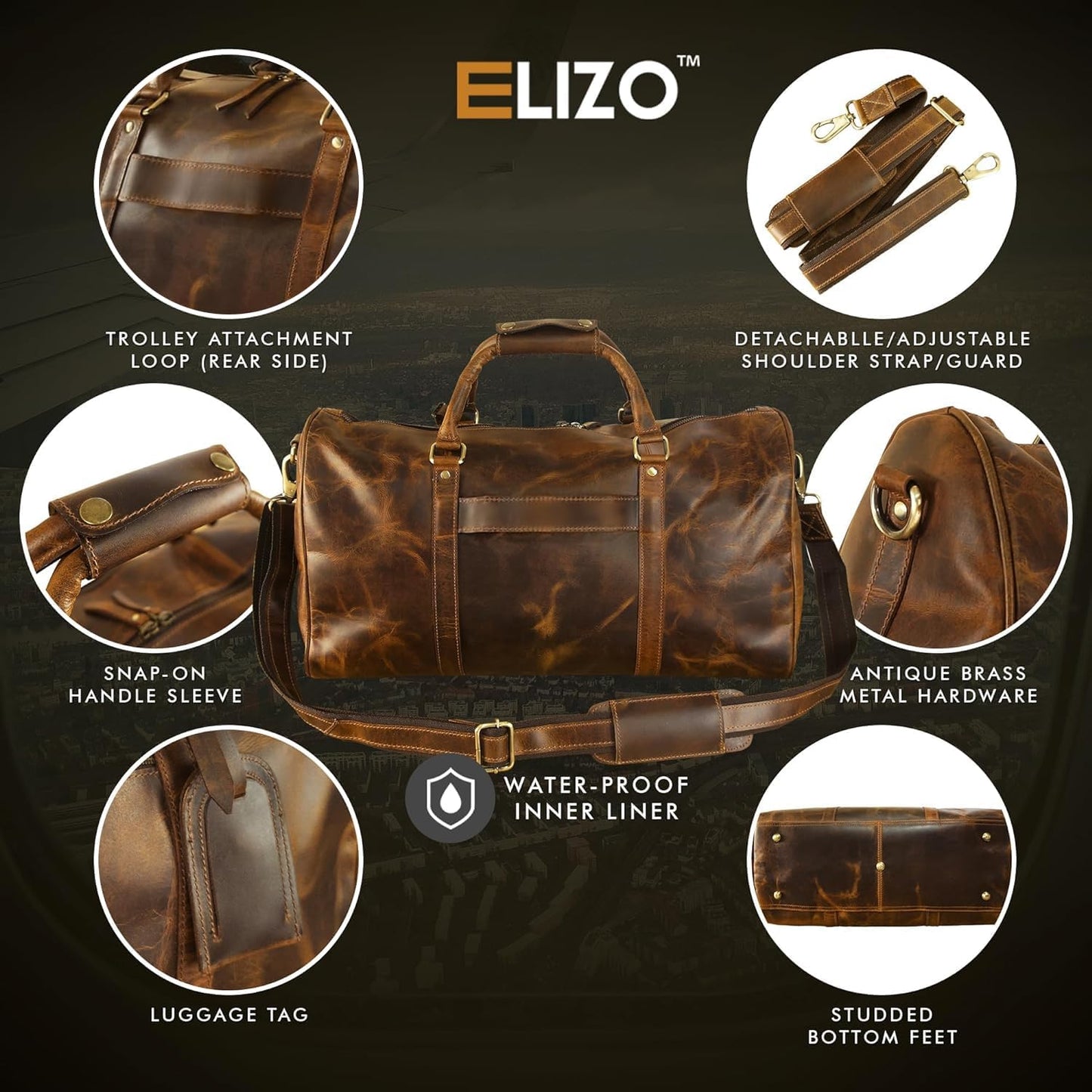 ELIZO Leather Duffle Bag For Men Women REAL FULL GRAIN Travel Overnight Weekender Carry On Luggage Sports Gym Bags (Antique 20 Inch) Origin