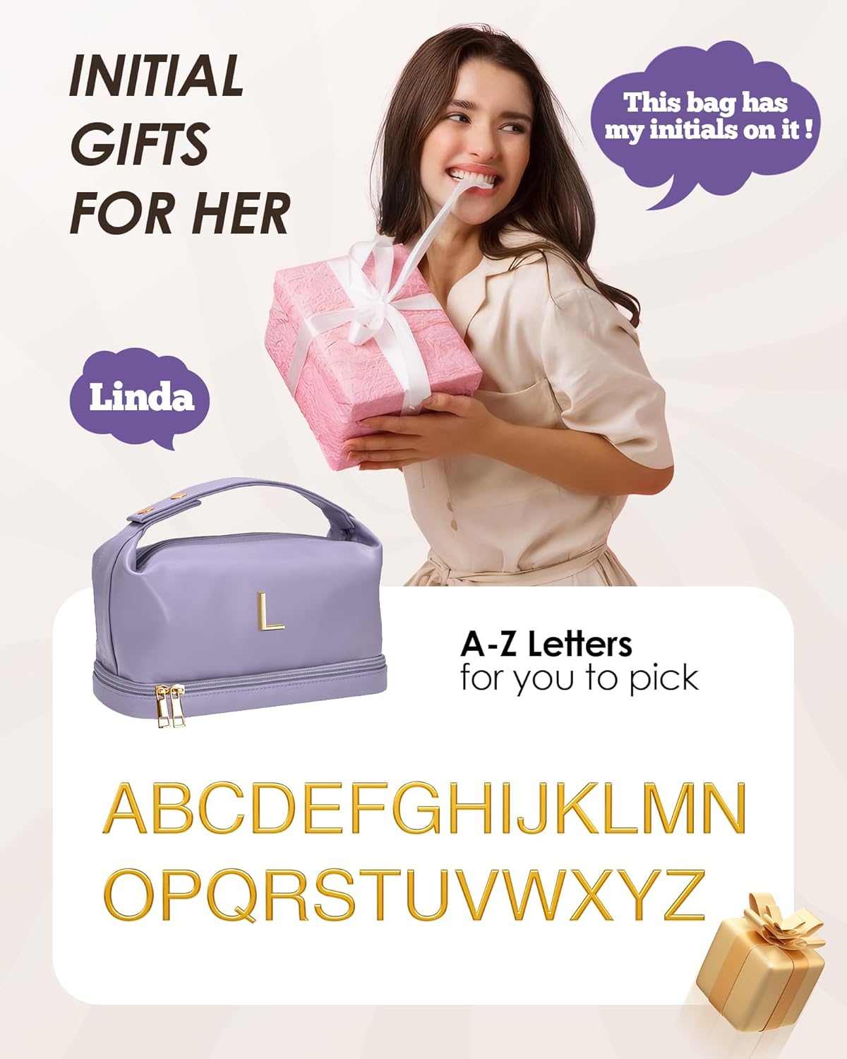 Initial Makeup Bag, Personalized Bags with Handle, Waterproof Double Layer Cosmetic Bag, Large Capacity PU Leather Makeup Bags Letter Travel Toiletry Bag with Makeup Brush Organizer