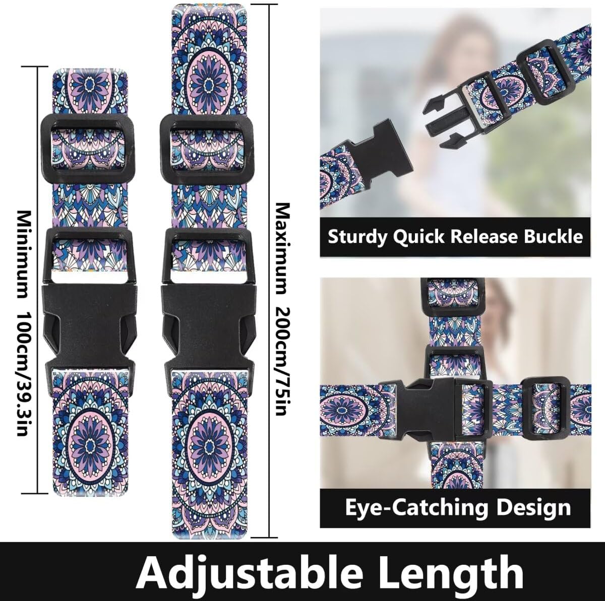 2 Pack Luggage Straps for Suitcases Adjustable Luggage Belt TSA Approved, Bright Colors Travel Packing Straps with Quick Release Buckle Unique Nylon for Sleeping Bag Car Seat, Purple Flower