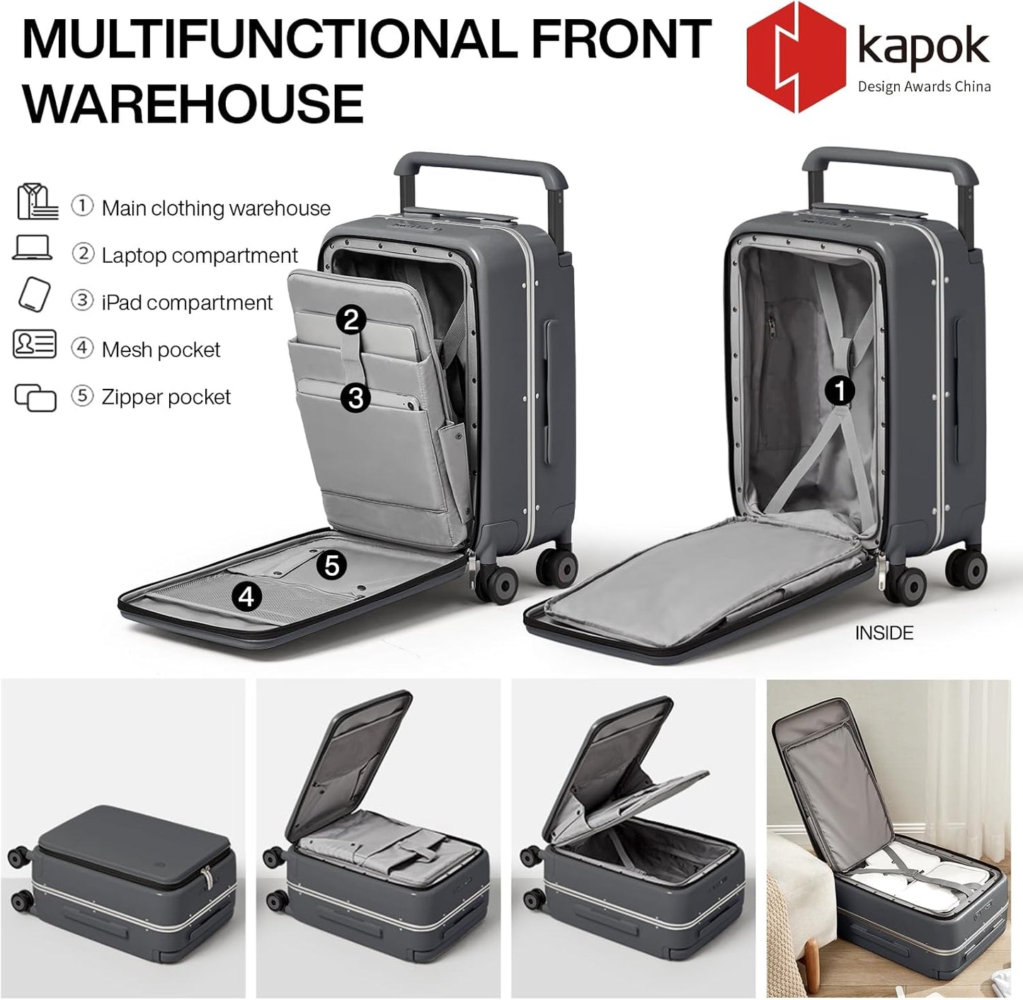 mixi Carry On Luggage Wide Handle Luxury Design Rolling Travel Suitcase PC Hardside with Aluminum Frame Hollow Spinner Wheels, with Cover, 20 inch, Rock Grey