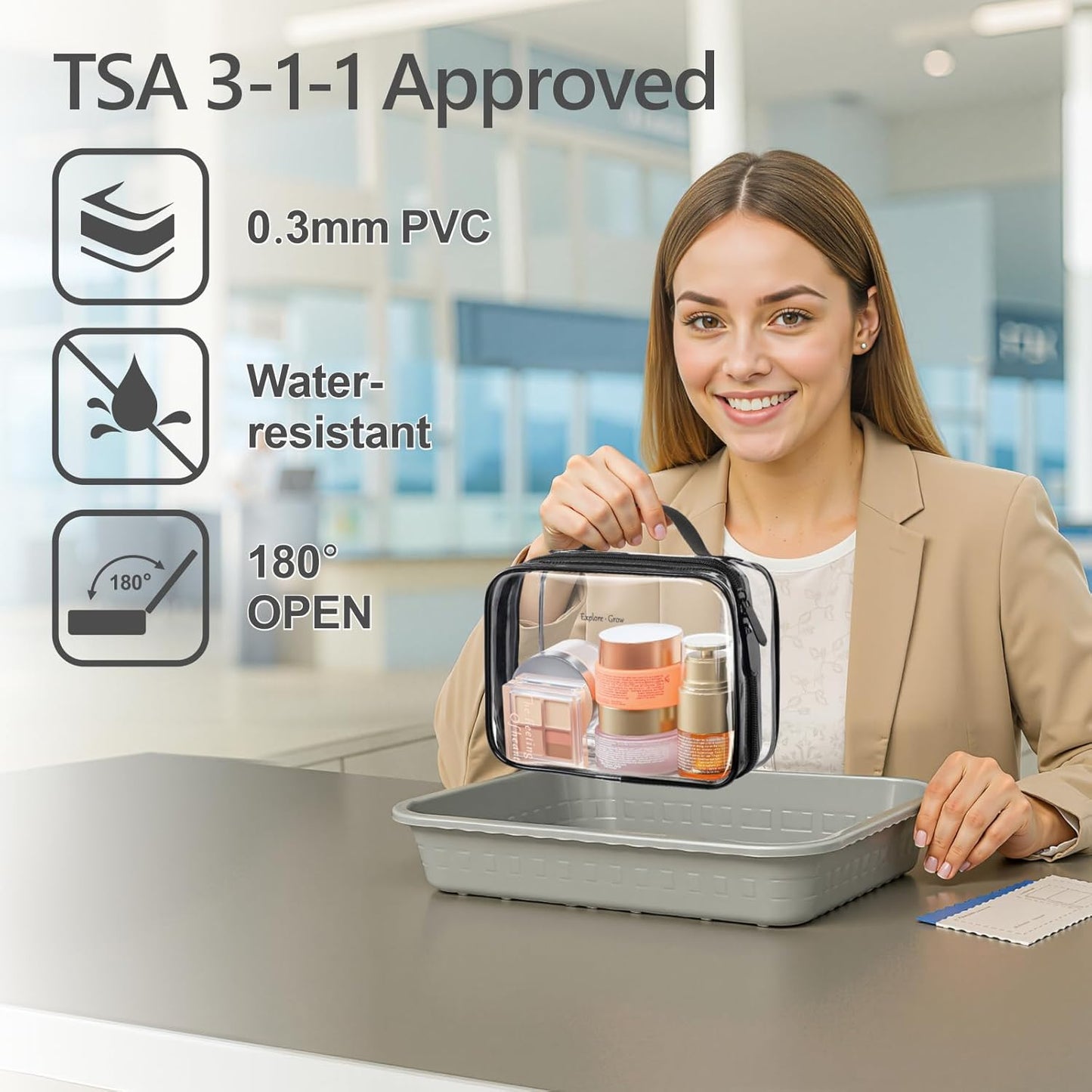 PACKISM Clear Makeup Bag - 2 Pack TSA Approved Toiletry Bag with Handle and 180° Large Opening, Clear Toiletry Bag Fit Carry-on Travel Essential, Travel Bags for Toiletries, Black