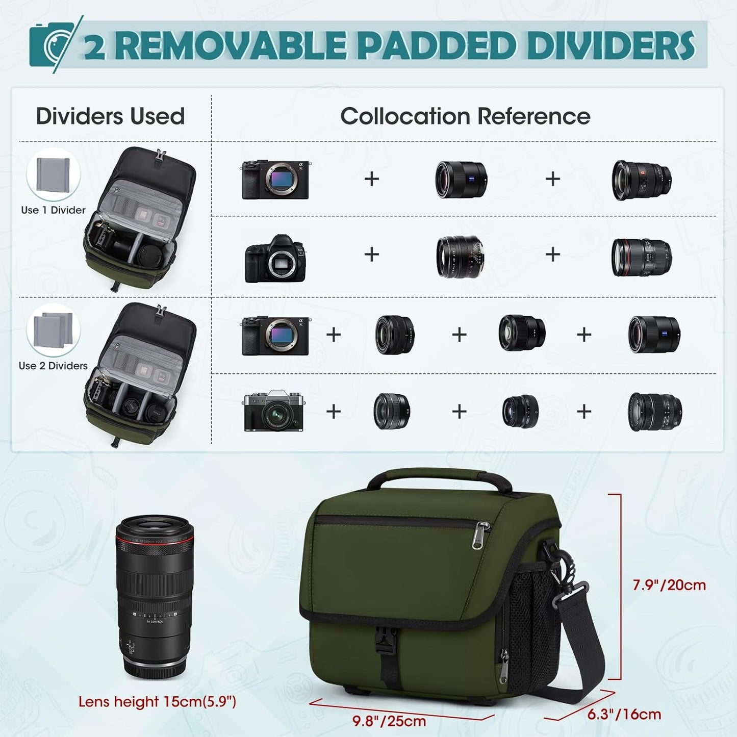 RAINSMORE Camera Bag, DSLR/SLR/Mirrorless Camera Case with Tripod Holder Waterproof Camera Sling Bag Crossbody Camera Bags for Photographers with Rain Cover for Canon/Nikon/Sony/Fuji, Green