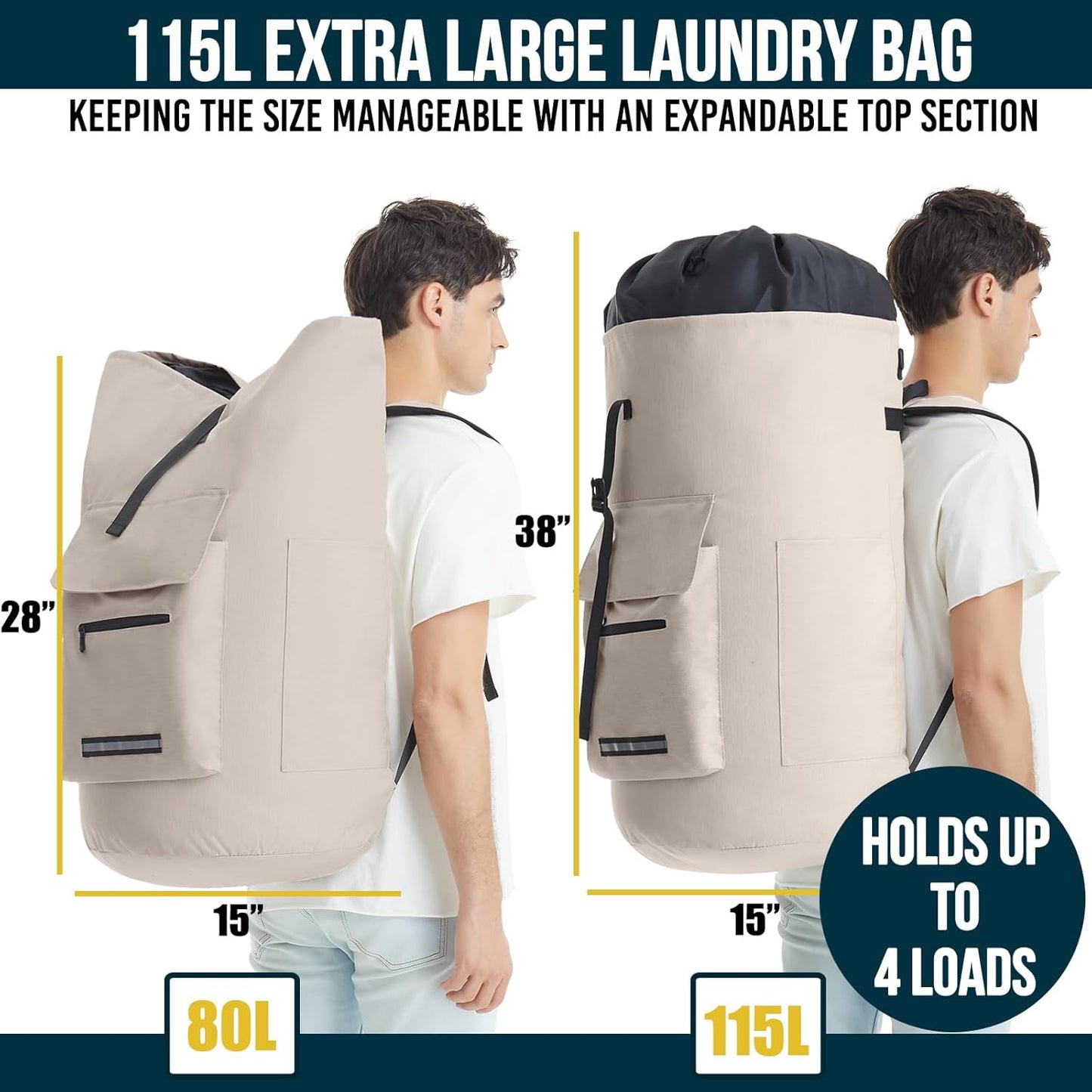 Laundry Bag Extra Large Heavy Duty, 115L Laundry Backpack, College Laundry Bag with Straps, Backpack Laundry Bags with 4 Pockets, Dorm Essential, Laundry Bags for Dorm Room, Apartment, Laundromat