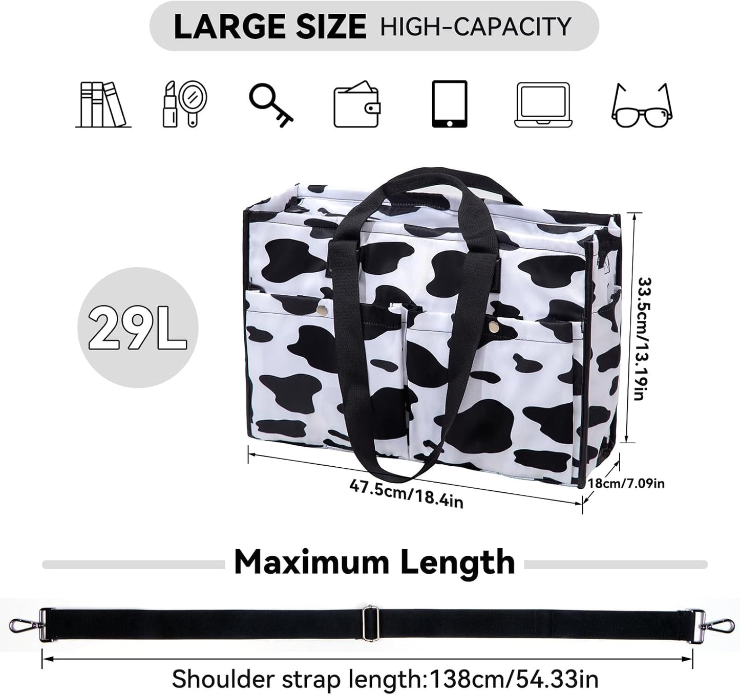 Closeable Tote Bag with 12 Pockets,Thick Bottom Support & Adjustable Strap,Water-Resistant