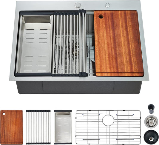 25 x 22 Inch Kitchen Sink, Drop In Stainless Steel Single Bowl Workstation Sink,with Cutting Board,for Kitchen, Laundry, Utility Room