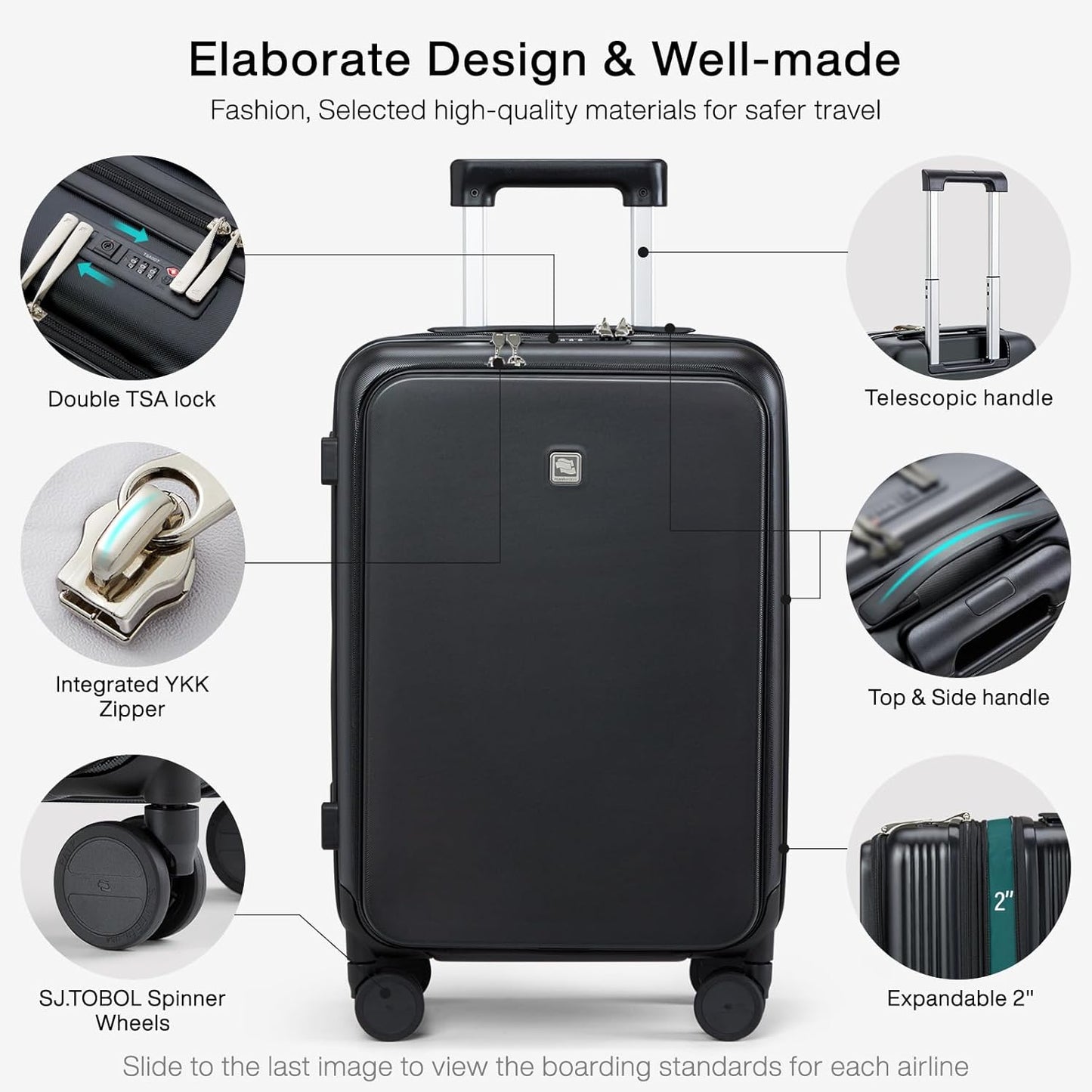 Hanke Grace Expandable Carry On Luggage with Wheels Airline Approved Hard Shell Suitcases with Front Pocket，Top Opening Luggage with TSA Lock for Short Business Travel, Jet Black.