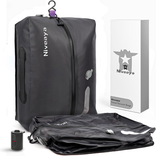 Niveaya Vacuum Bags for Travel with Wireless Pump, Reusable Compression Storage Bags for Suitcases & Closet, Space Saver, Waterproof & Durable