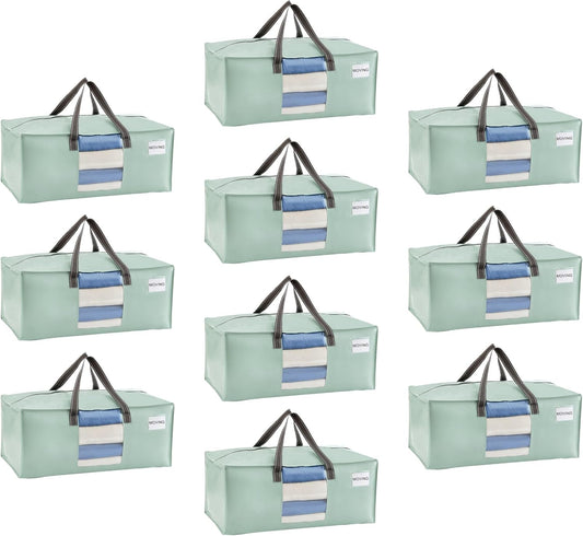 VENO 10 Pack Moving Bags for College, Heavy-Duty Storage Totes, Moving Boxes and Wardrobe Packing Supplies Alternative - Extra Large Durable Laundry Bags for Clothes (Shiny Light Green, 10 Pack)