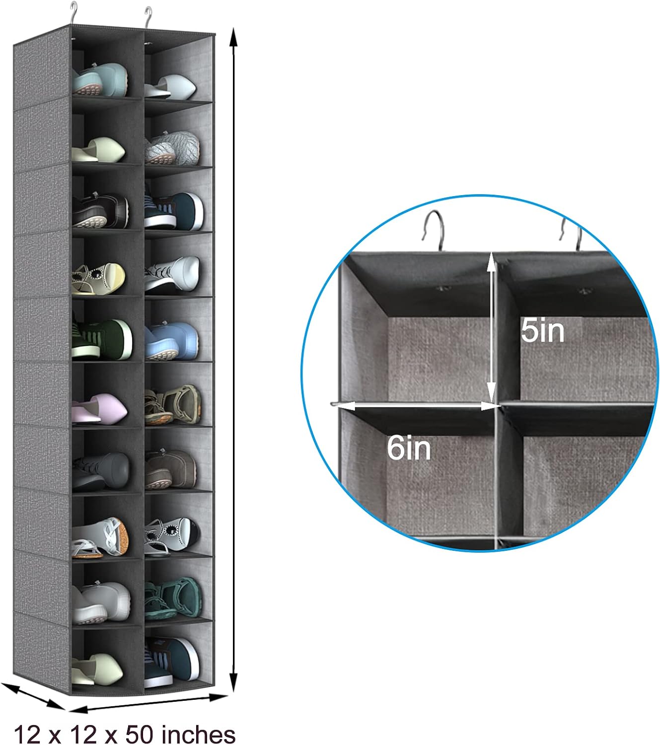 coastal rose Hanging Shoe Organizer for Closet, 20 Sections Hanging Closet Organizer and Storage Shelves, Space Saving Shoe Rack for Closet, Grey, 12''W×12''Dx 50''H
