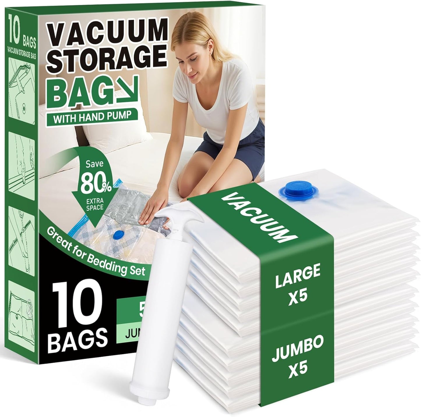 Vacuum Storage Bags,10Pack Vacuum Seal Bags for Clothing,Bedding,Clothes,Comforters,Blankets,Pillows-5 Jumbo+5Large Space Bag Vacuumm Storage Bag Hand Pump Inclued