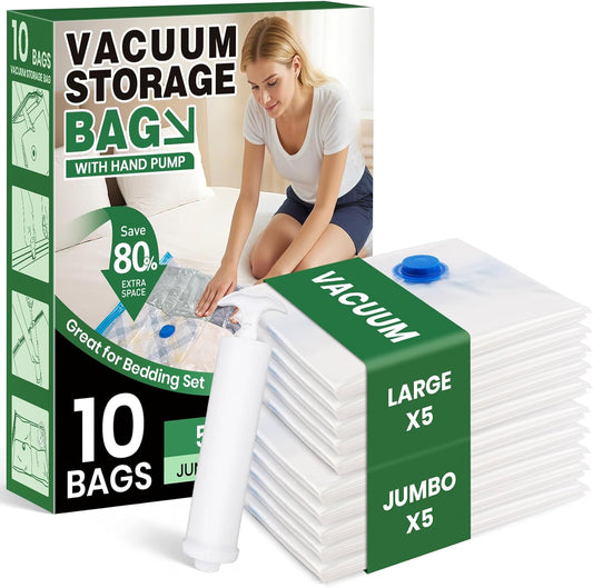 Vacuum Storage Bags,10Pack Vacuum Seal Bags for Clothing,Bedding,Clothes,Comforters,Blankets,Pillows-5 Jumbo+5Large Space Bag Vacuumm Storage Bag Hand Pump Inclued