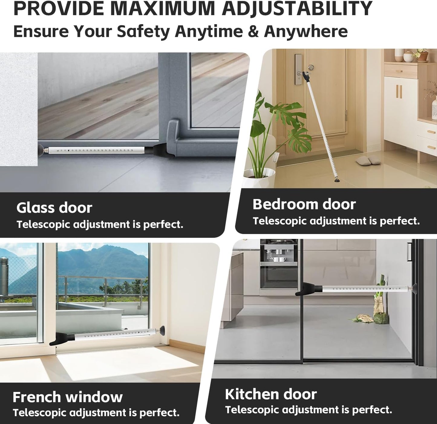 2 Pack Door Security Bar & Sliding Patio Door Lock Bar – Heavy Duty Adjustable Door Stopper for Home, Apartment, Hotel Travel – No Tools Needed, Fits Hinged & Sliding Doors, Iron Construction