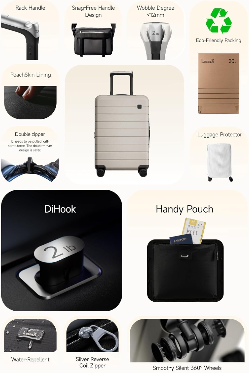 LUGGEX Carry On Luggage HUP3, Accelerate Access with DiHook, Handy Pouch, 20 inch Expandable Hard Shell Suitcases with Spinner Wheels