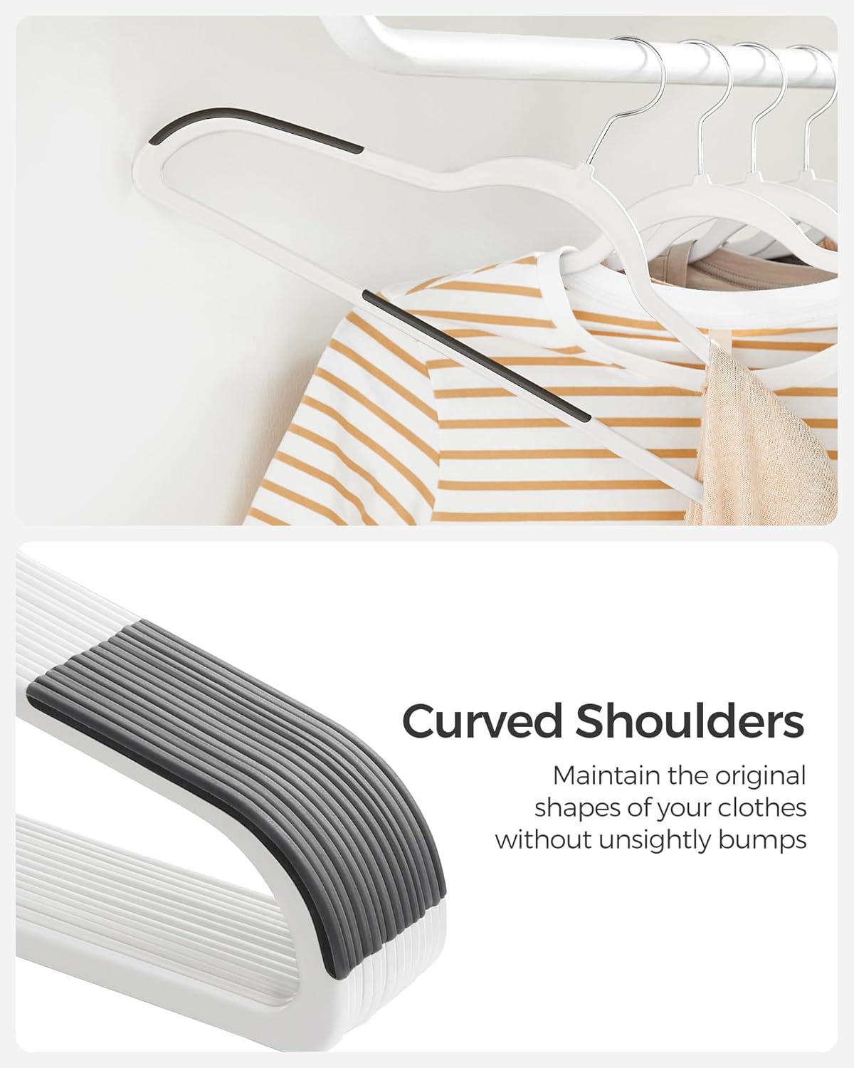 SONGMICS Clothes Hangers, Pack of 30 Plastic Coat Hangers, Space-Saving, White and Dark Gray UCRP050W03