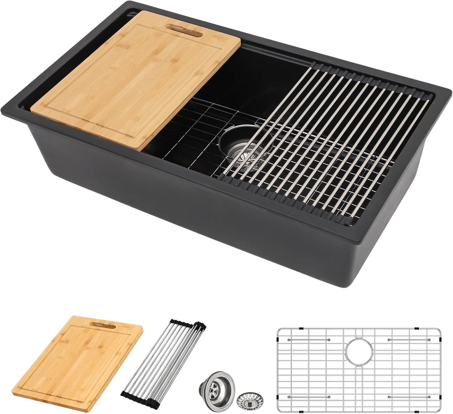 33 Inch Black Granite Composite Kitchen Sink Workstations Black Quartz Undermount Single Bowl Sink with Accessories Single Basin Large Capacity Noise Reduction Quiet Kitchen