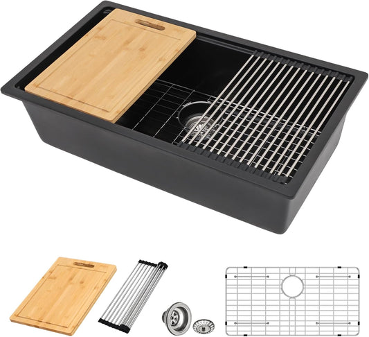 33 Inch Black Granite Composite Kitchen Sink Workstations Black Quartz Undermount Single Bowl Sink with Accessories Single Basin Large Capacity Noise Reduction Quiet Kitchen