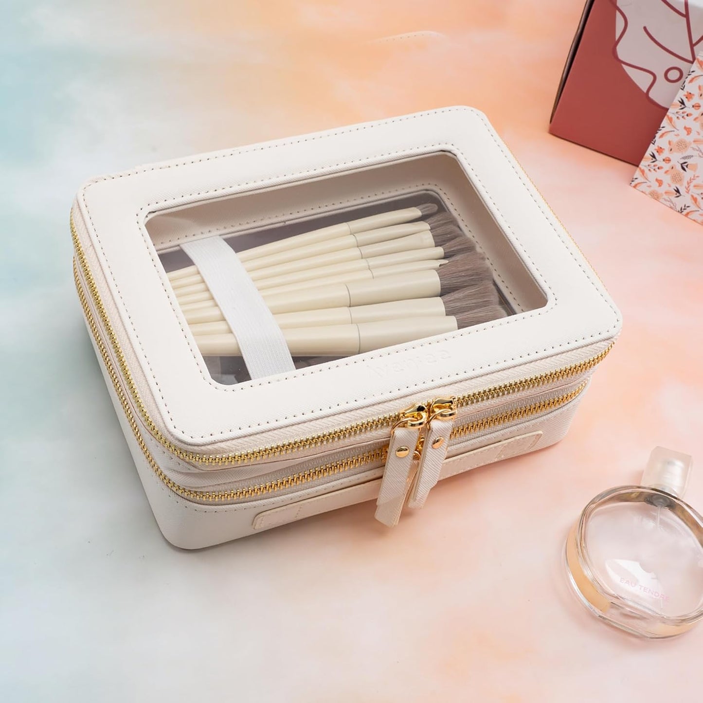 Aveniee Large Clear Makeup Bags, Double Layer Cosmetic Bags with Separate Brush Compartment, Travel Toiletry Bag Cosmetic Train Case, Travel Accessories Organizer for Women(2 Layers, White)