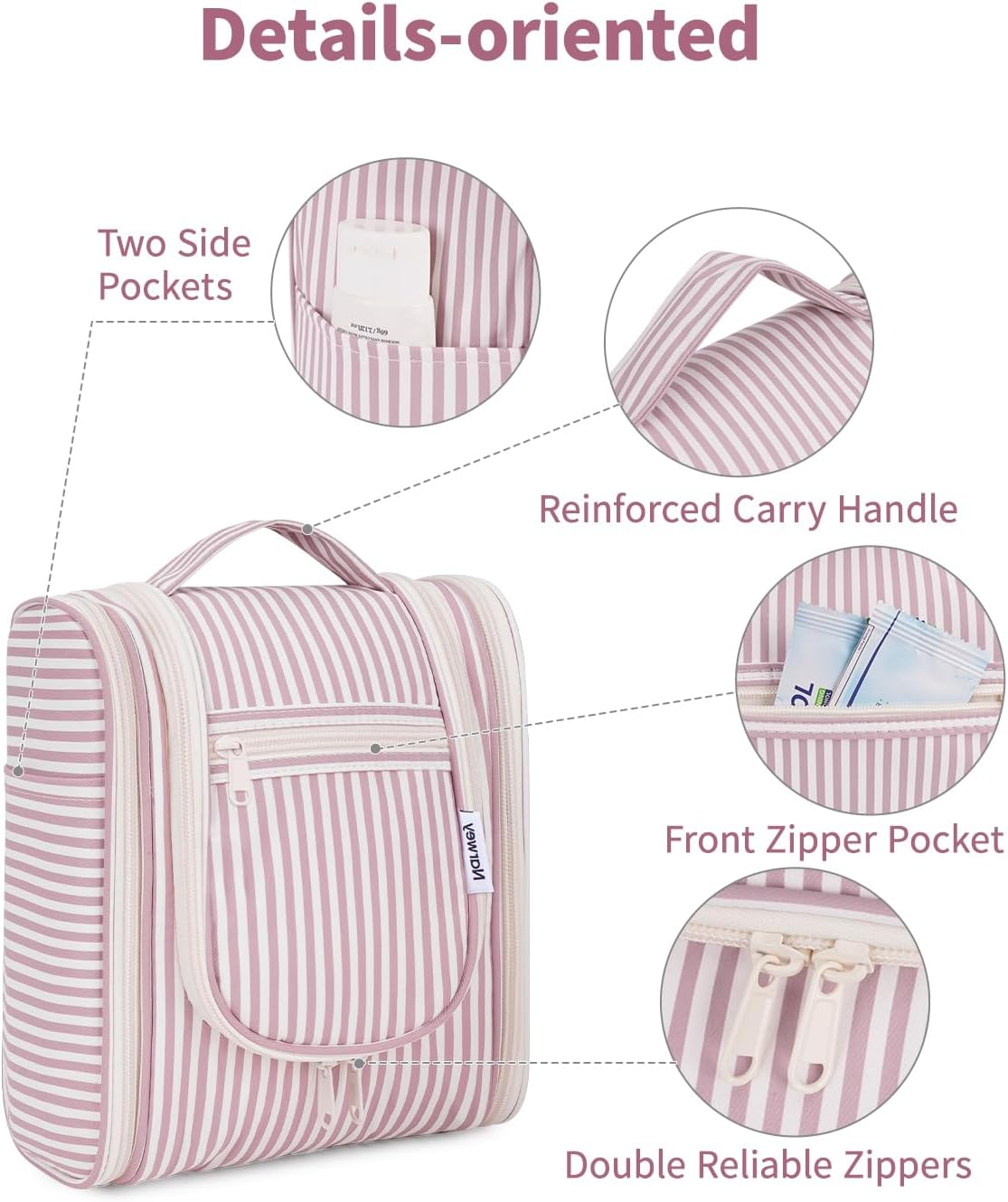 Narwey Small Striped Hanging Travel Toiletry Bag for Women, Travel Bag for Toiletries, Makeup Bag Organizer Cosmetic Bags Make Up Bags for Women (Dusty Rose Stripe)