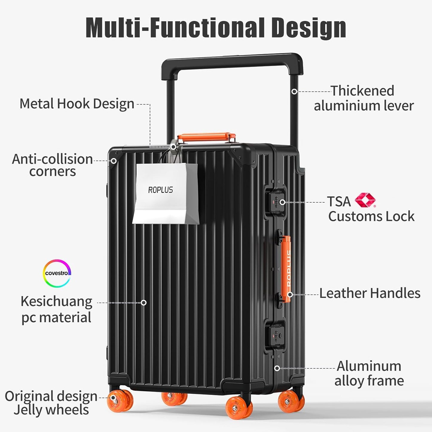 Aluminium Frame Carry on Luggage with Smooth Jelly Wheels, Hardside Zipperless Rolling Suitcase with TSA Lock (BlackOrange, 21-Inch)