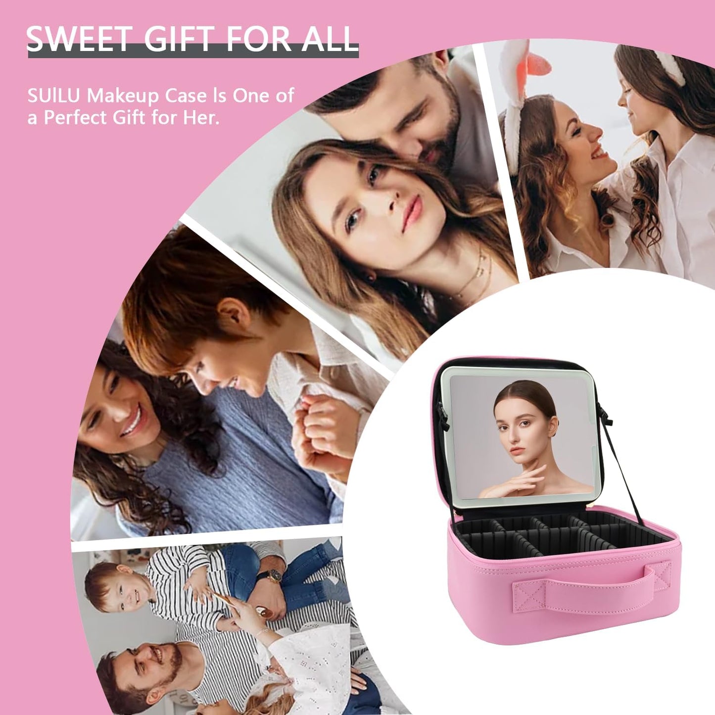 Makeup Bag with Led Mirror,Travel Makeup Organizer with 3 Color Setting, Portable Storage and Adjustable Dividers Travel Makeup Bag(Dark Pink)