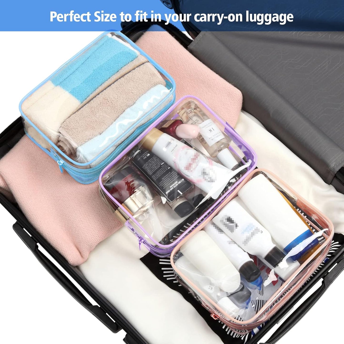 PACKISM Clear Toiletry Bag - 3 Pack TSA Approved Toiletry Bag Quart Size Bag, Travel Makeup Cosmetic Bag for Women, Carry on Airport Airline Compliant Bag, Blue-Purple-Pink