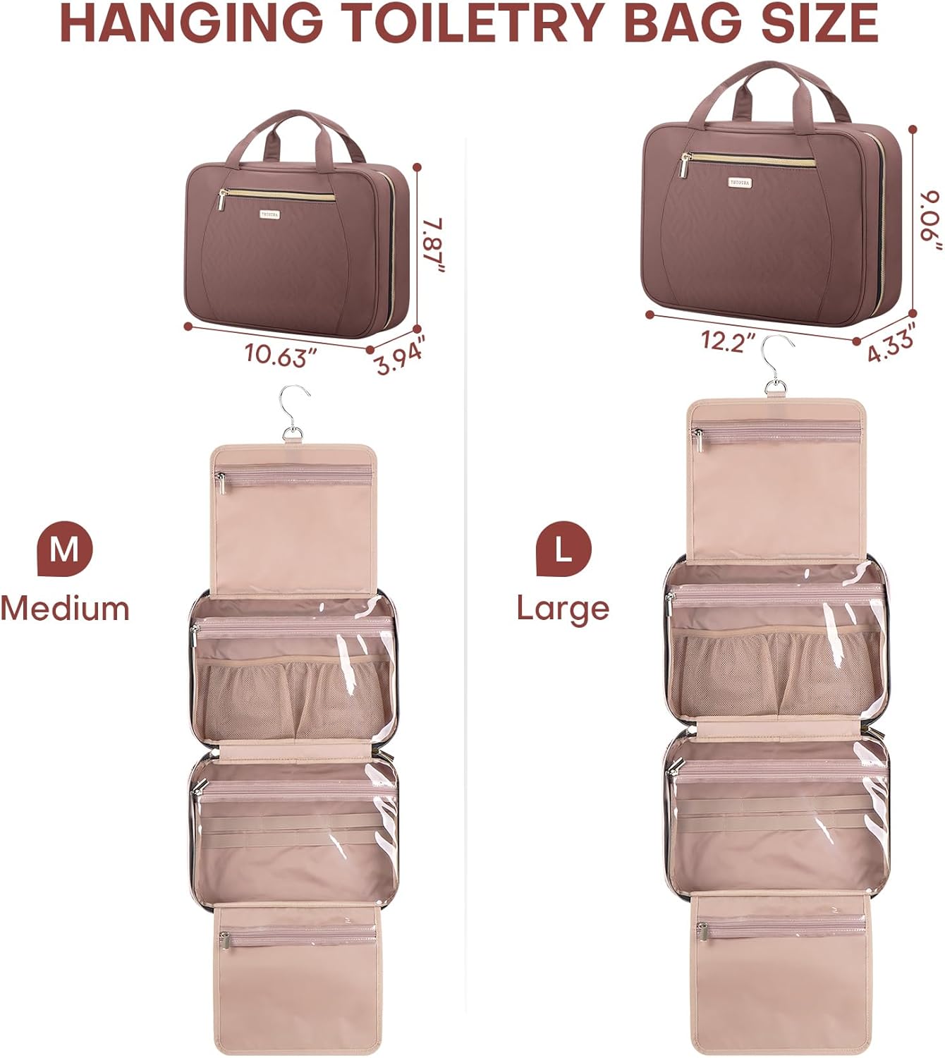 Hanging Toiletry Bag for Women Travel, 2 Sizes Large & Small Waterproof Cosmetic Organizer with 4 Compartments, Rotating Hook, Foldable Pink Travel Bag for Toiletries & Makeup Red Sandalwood