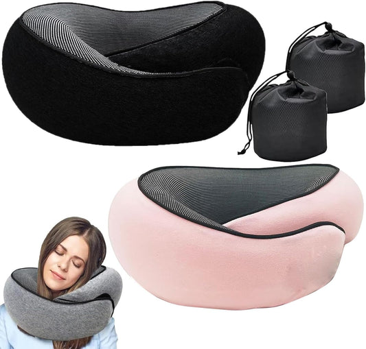 RURING Travel Pillows for Airplanes, Travel Neck Pillow Travel Pillow, Neck Pillow Airplane Memory Foam 360 Degree Support Stowable Pillows for Airplanes Offices and Cars 2PCS (Pink + Black)