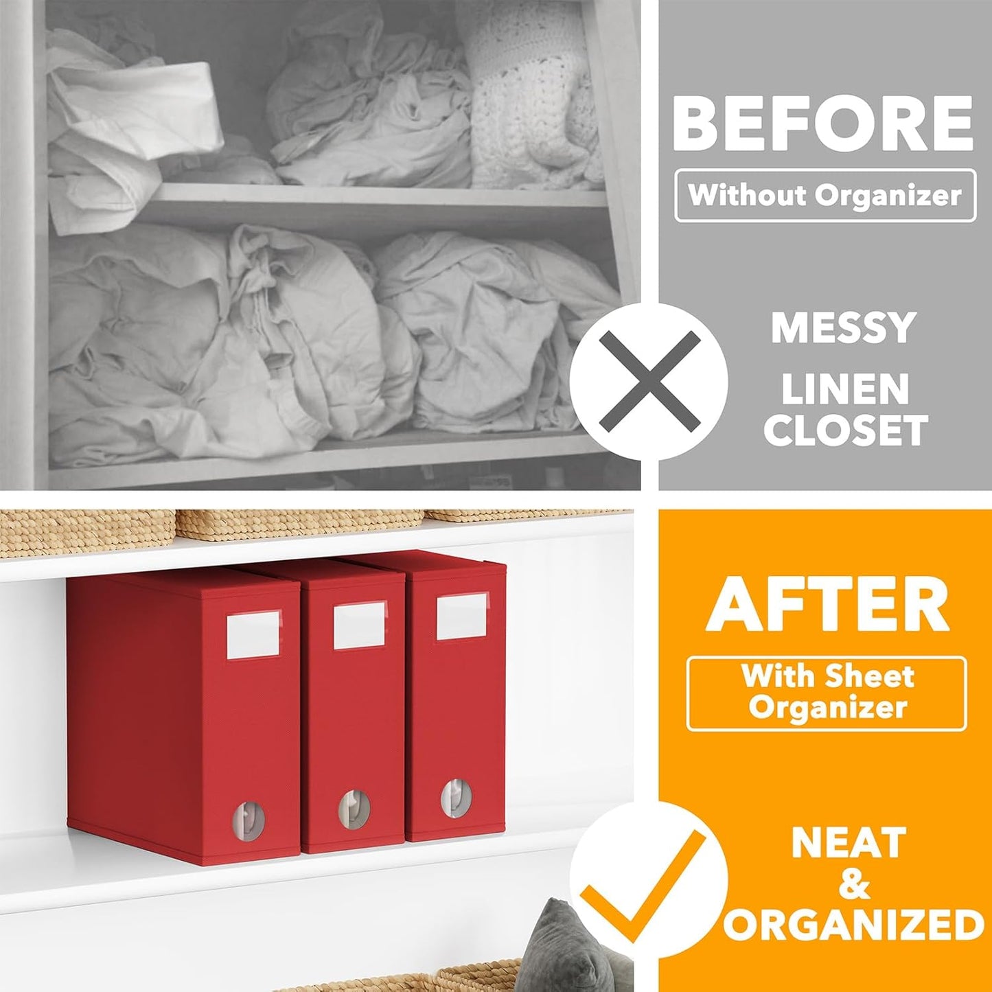 SpaceAid 3 Pack Bed Organizers and Storage, Foldable Sheet Organizer for Linen Closet, Set Folder Keeper With Window XL (Queen & King Size) Bedding Container (Red)