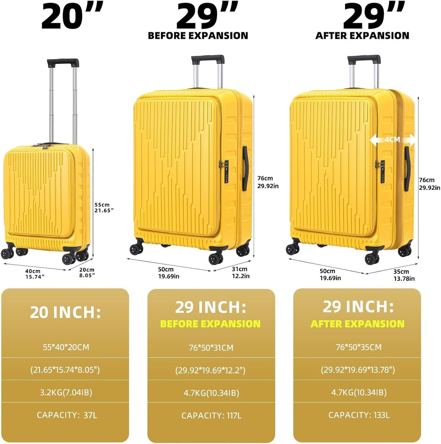 29 Inch Luggage with Expansion & Side Opening Design, 50 * 31(35)*76cm, 117L~133L Ligthweight ABS+PC Hardshell Checked Suitcase, Yellow