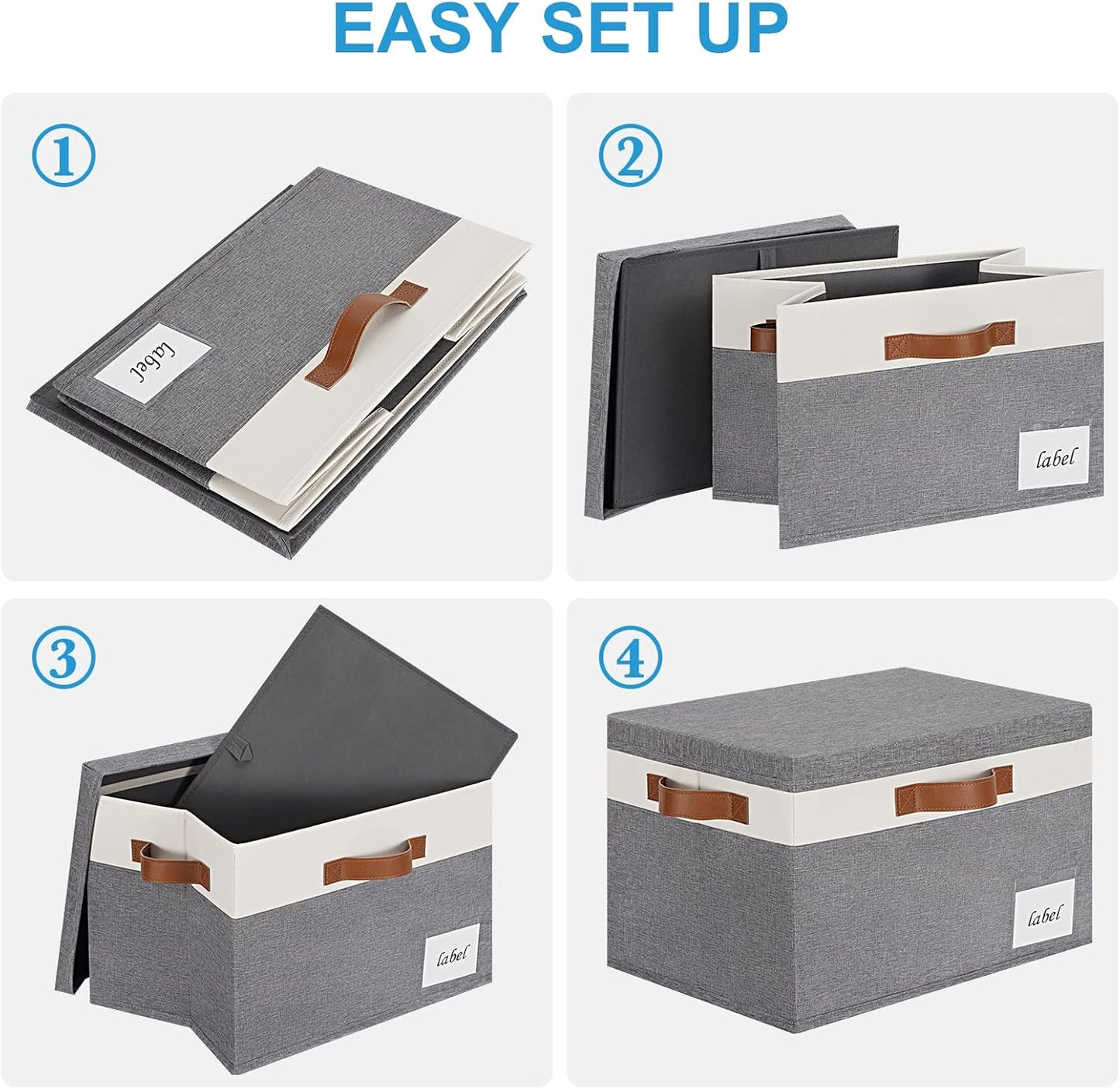 Large Storage Bins with Lids, Foldable Fabric Storage Baskets with Lids, Sturdy Storage Boxes with Labels and 3 PU Handles for Closet Home Bedroom Office (26L, 3 Packs, Grey&White)