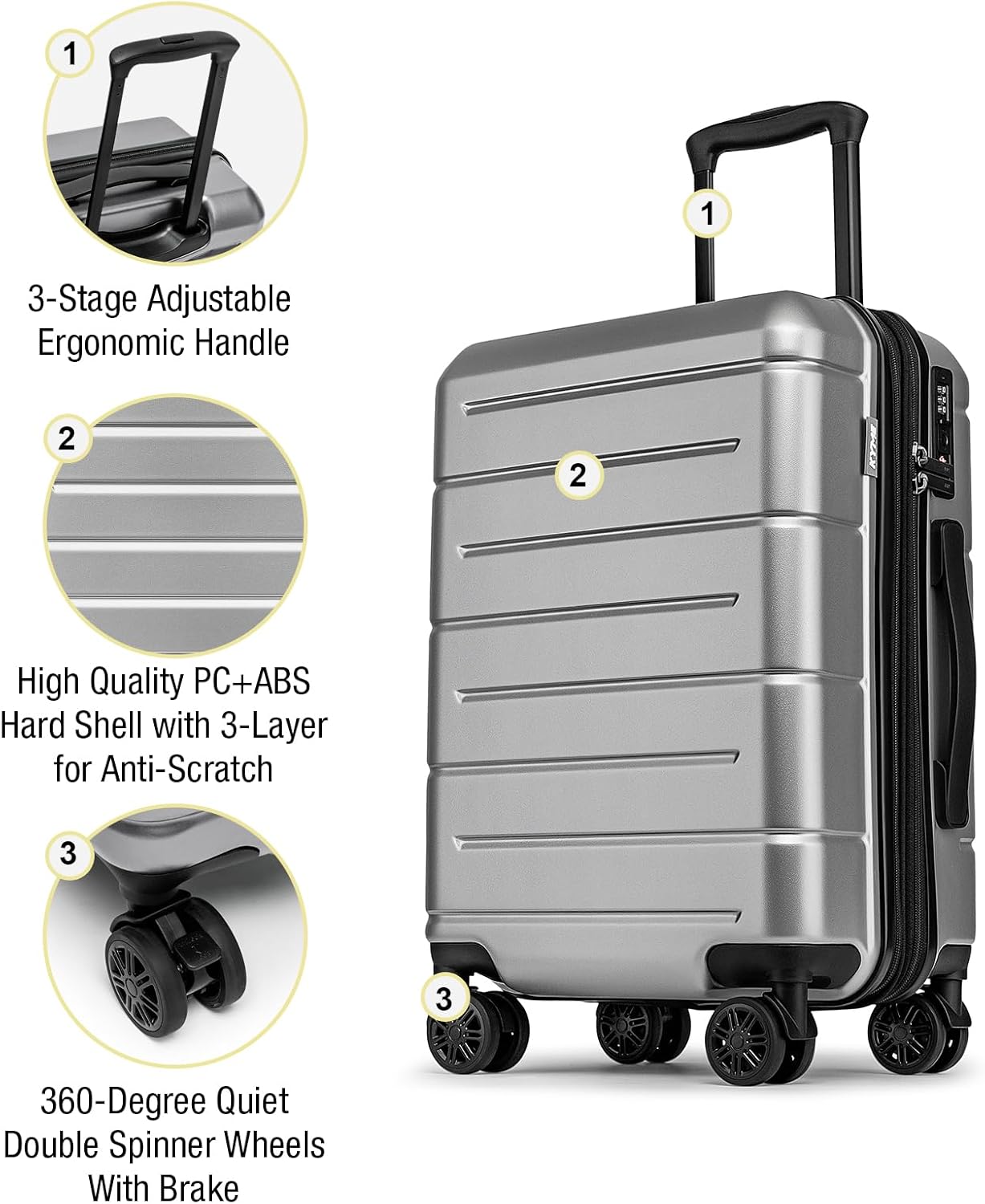 KYME Hardside Expandable Carry On Luggage 22x14x9 Airline Approved 20 Inch Hardshell Carry On Suitcase with Wheels TSA Lock Small Travel Rolling Luggage with Cup Holder for Women Men Silver