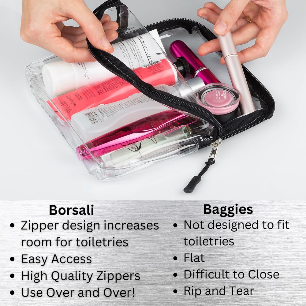 BORSALI TSA Approved Toiletry Bag - Clear Quart Size for 3-1-1 Carry On Travel - Makeup Organizer Cosmetic Pouch with Zipper - Travel Accessories - 2 Pack