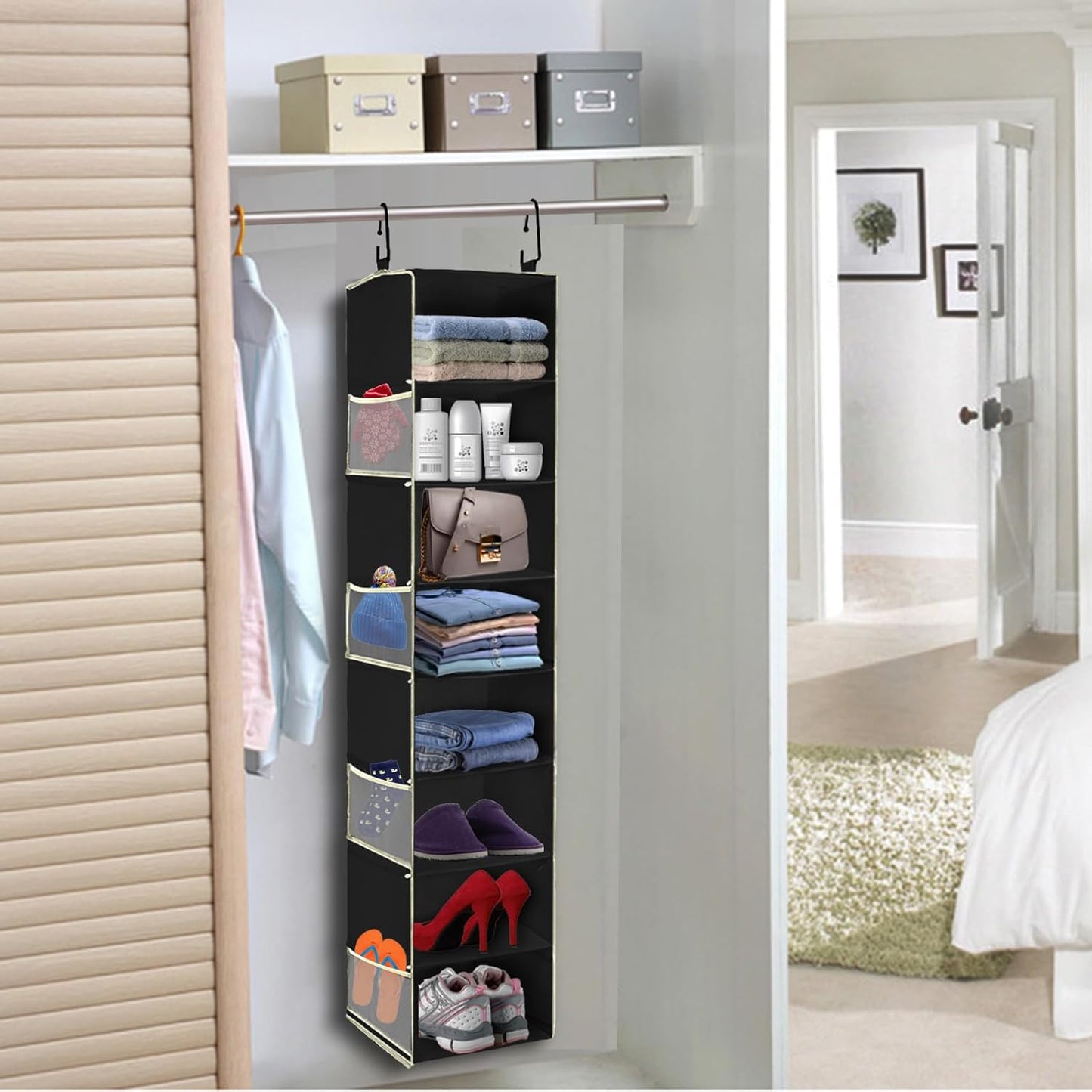Large-Sized Hanging Shoe Organizer 8-Shelf, Hanging Closet Organizer with 8 Side Pockets, Wider Hanging Shelves for Storage Shoes Clothes 9" W × 11.8" D× 48" H, Black.