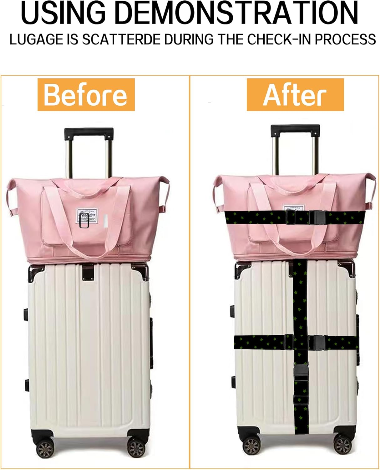 Luggage Straps for Suitcases, Adjustable Travel Belt, Durable Wide Luggage Strap, Cute Suitcase Strap Identifiers with Buckle, Bag Straps for Luggage, Black Green Stars