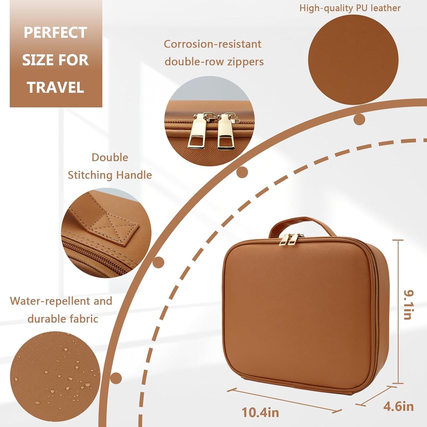 Travel Makeup Bag for Women and Makeup Artists Cosmetic Organizer Large Makeup Case,Travel Makeup Bag with Mirror 3 Color Setting,Portable Storage and Adjustable Dividers(CARAMEL COLOR)