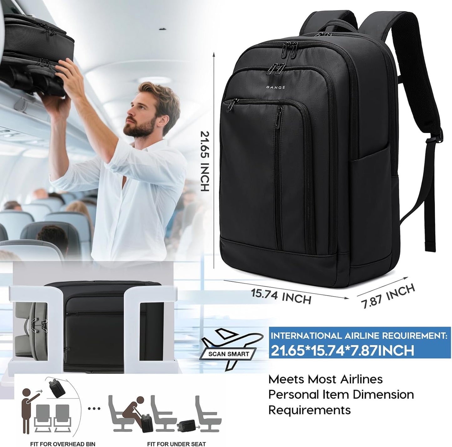 BANGE 28L Lightweight Backpack, 15.6-inch Laptop Travel Backpacks, Unisex Multifunctional Storage Pockets Business Commuter rucksack, Waterproof and Wear-resistant Outdoor Sports Leisure daypack